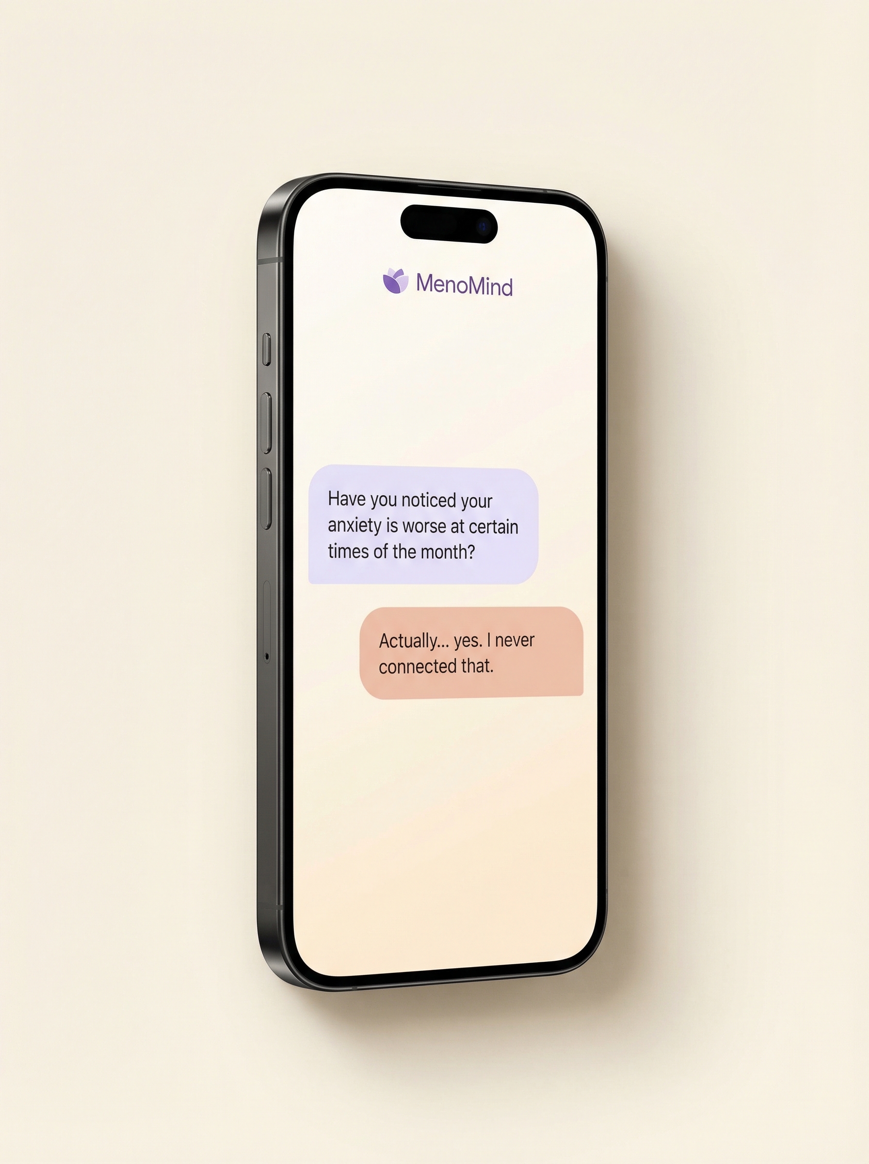 MenoMind app showing symptom tracking and AI insights