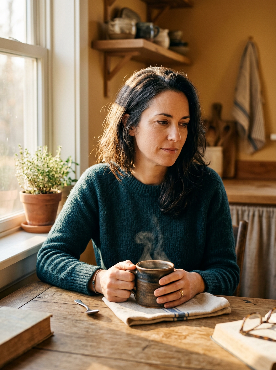 Woman reflecting over morning coffee